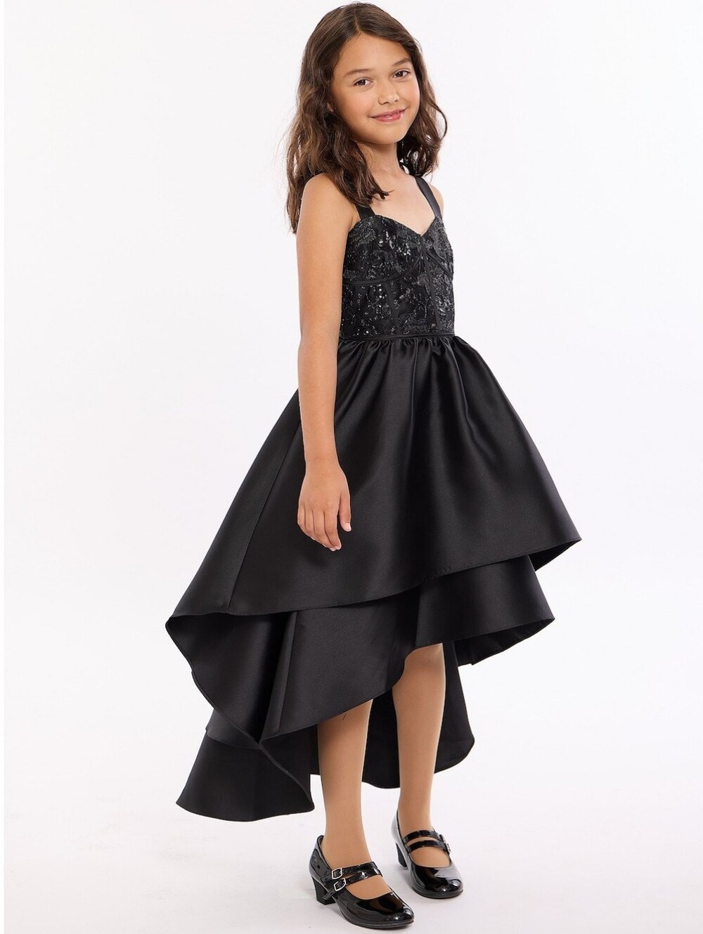 iris & ivy Black High-Low Sequin Bodice Satin Girls Dress